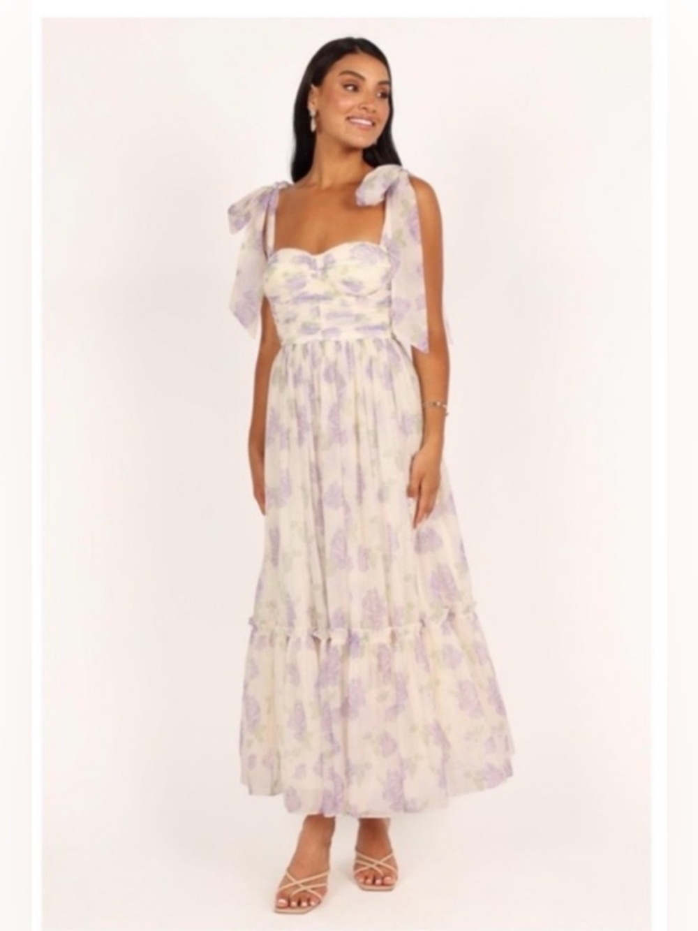 Tie-Shoulder Lavender Floral Maxi Dress - Women M